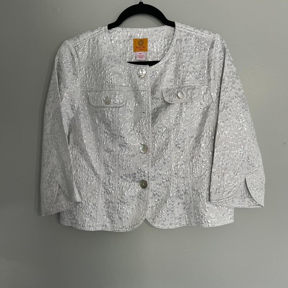 Ruby Rd Petite Silver Metallic Shimmer Brocade Jacket 12P Button 3/4 Sleeve